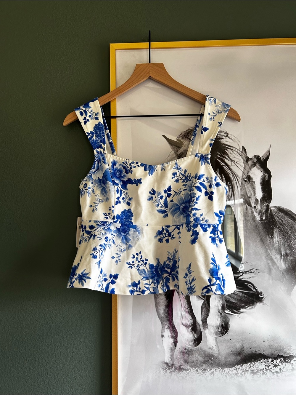 Anthropologie White Tank Top with Blue Floral Print